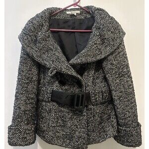 ZARA Wool Blend Belted Bouclé Coat Large* Herringbone Black White Shawl Collar